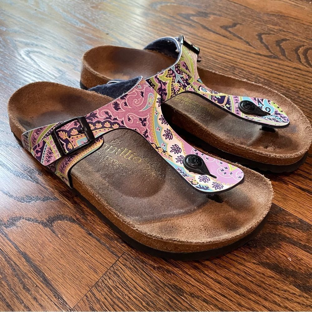 BIRKENSTOCK PAPILLIO Gizeh Purple & Green Paisley Print Faux Leather Sandals